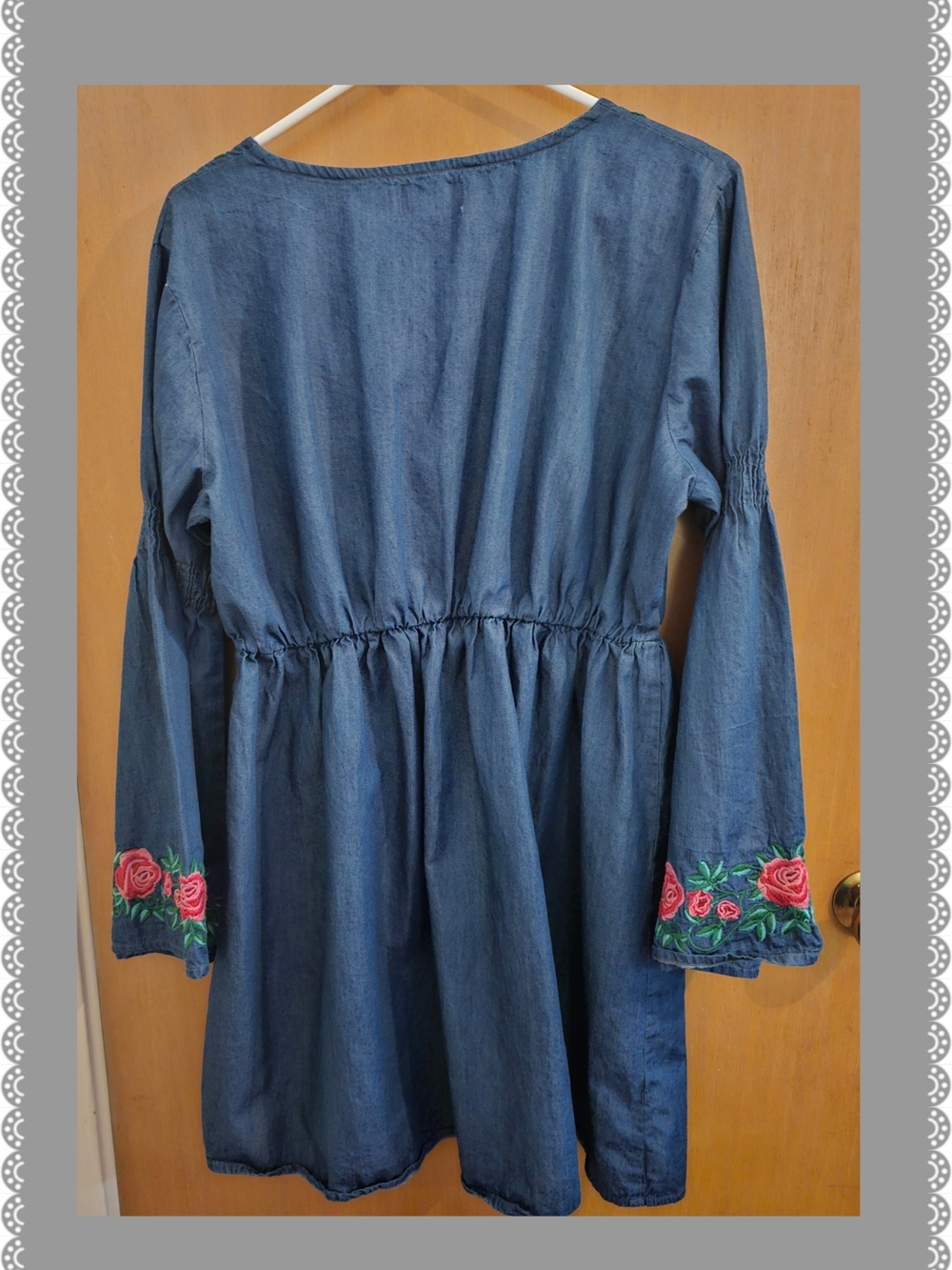 Embroidered Blue Denim-Style Long Sleeve Dress - Picture 2 of 3